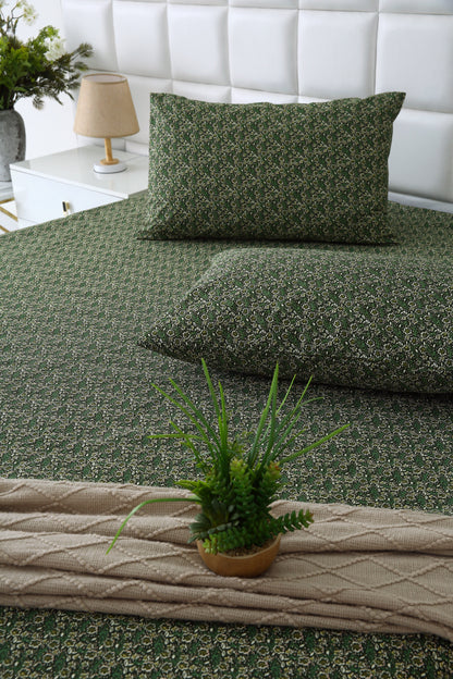 3 PCs Double Bed Sheet-Emerald Flowers Bed Sheets Apricot