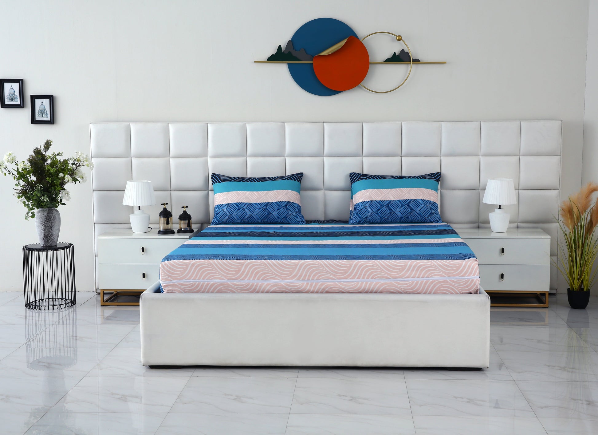 Zipper Mattress Cover Printed-Aqua Waves Protectors Apricot