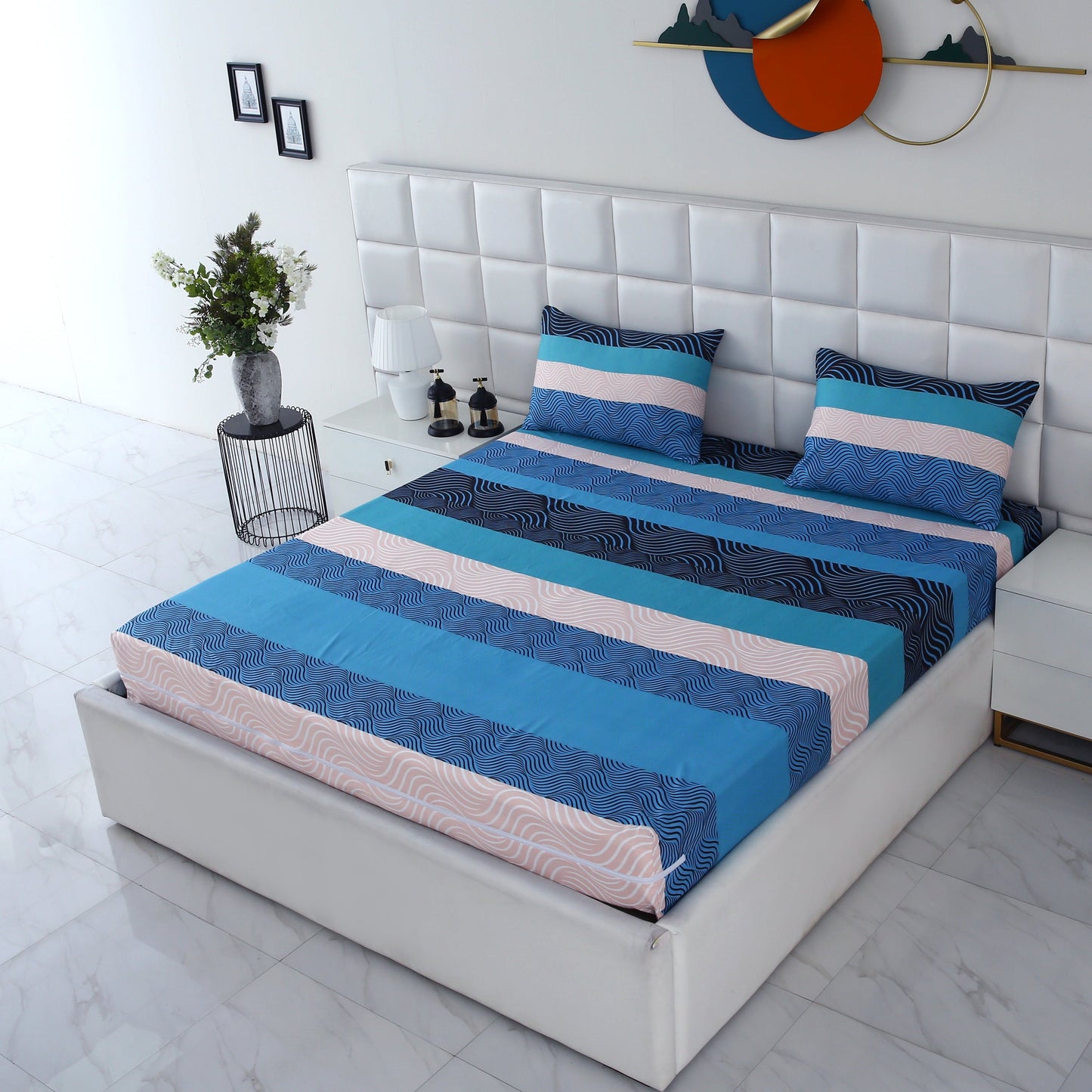 Zipper Mattress Cover Printed-Aqua Waves Protectors Apricot