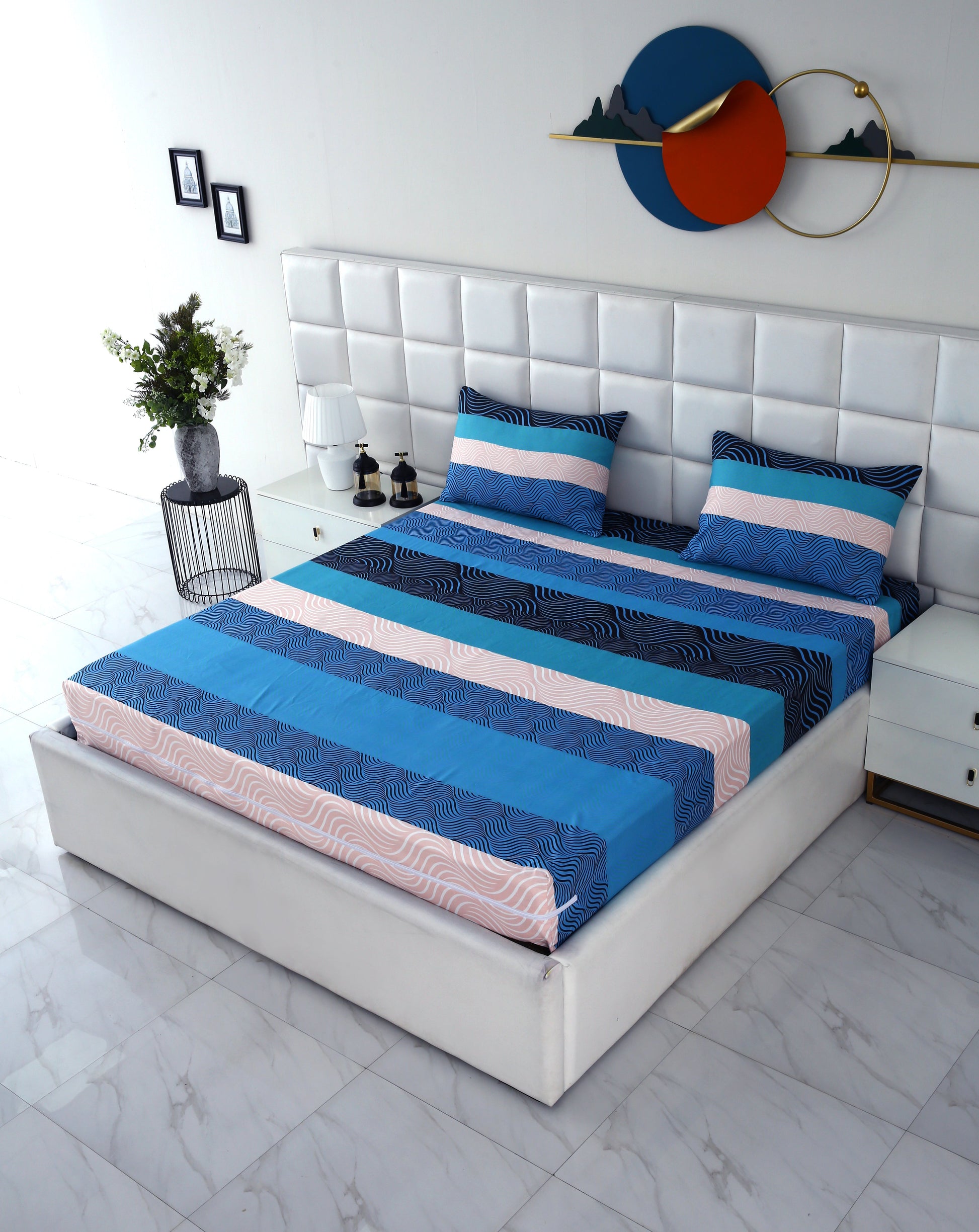 Zipper Mattress Cover Printed-Aqua Waves Protectors Apricot