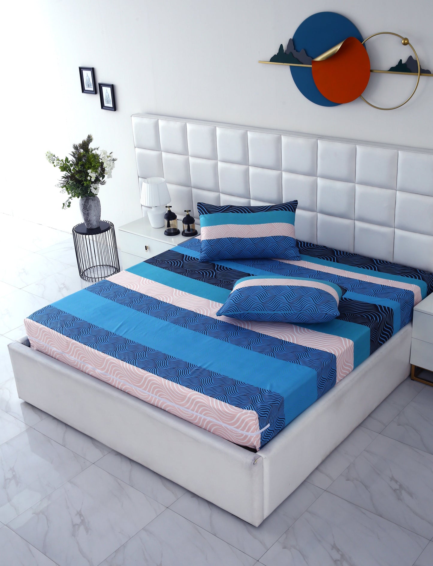 Zipper Mattress Cover Printed-Aqua Waves Protectors Apricot