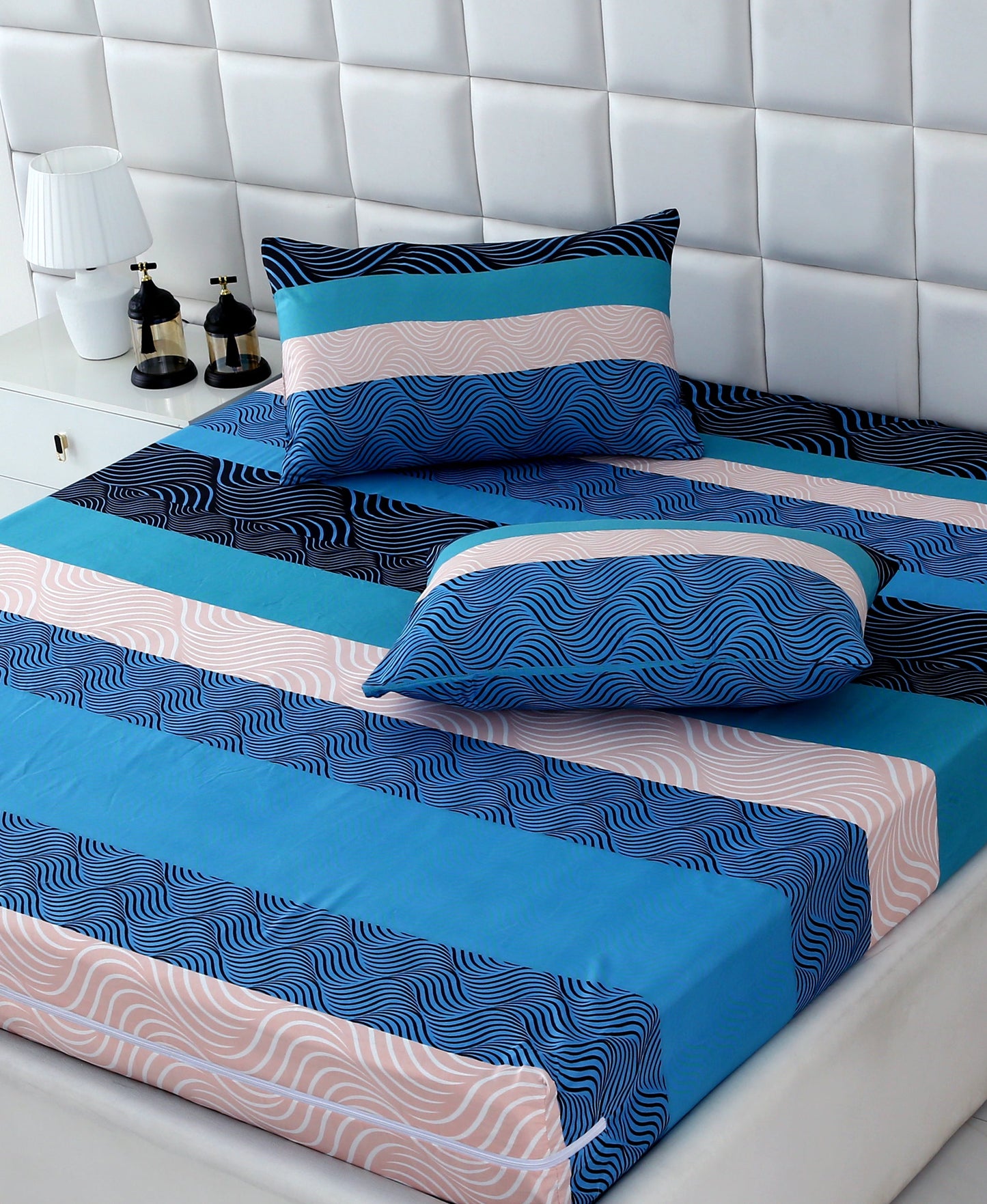 Zipper Mattress Cover Printed-Aqua Waves Protectors Apricot