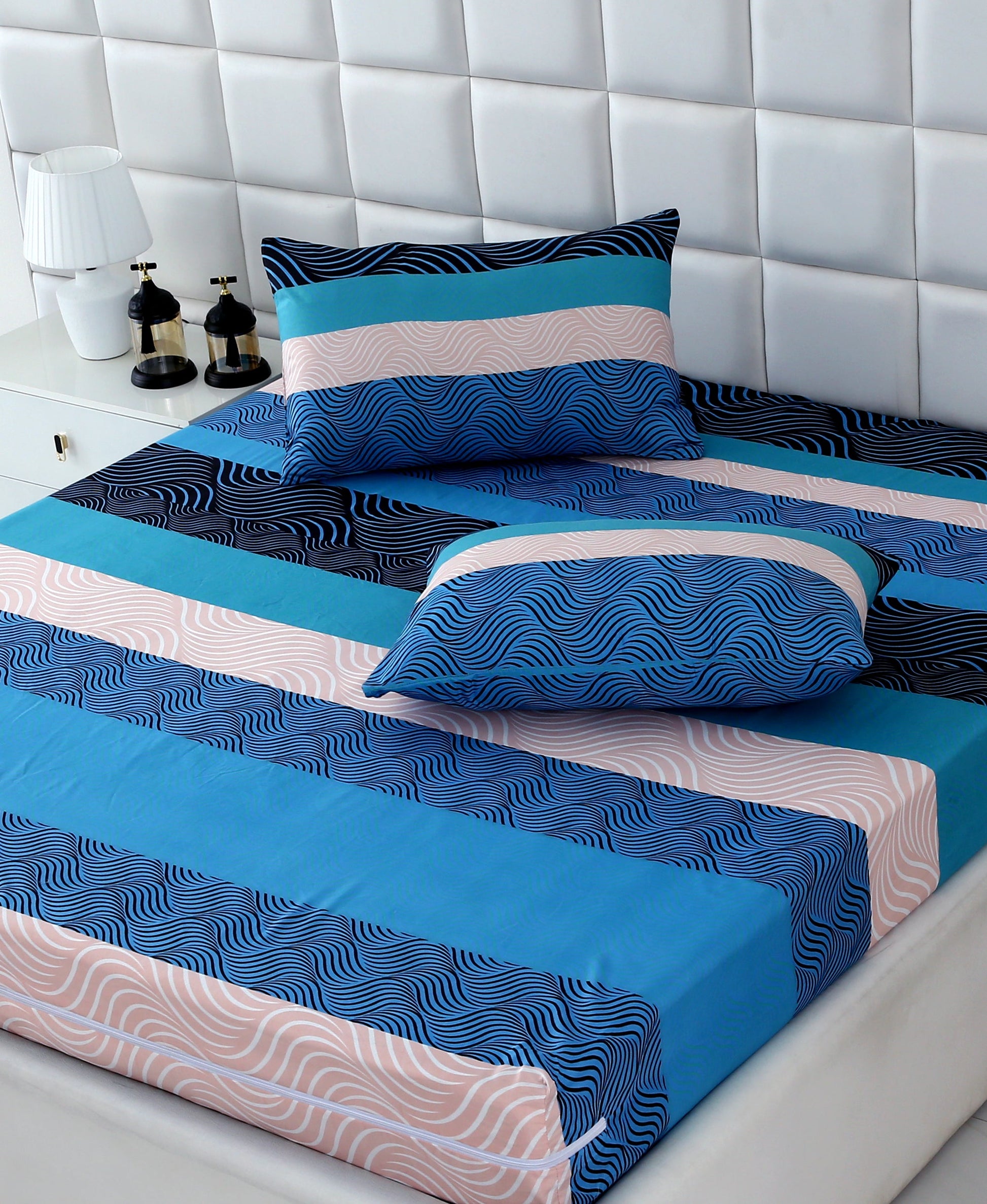 Zipper Mattress Cover Printed-Aqua Waves Protectors Apricot
