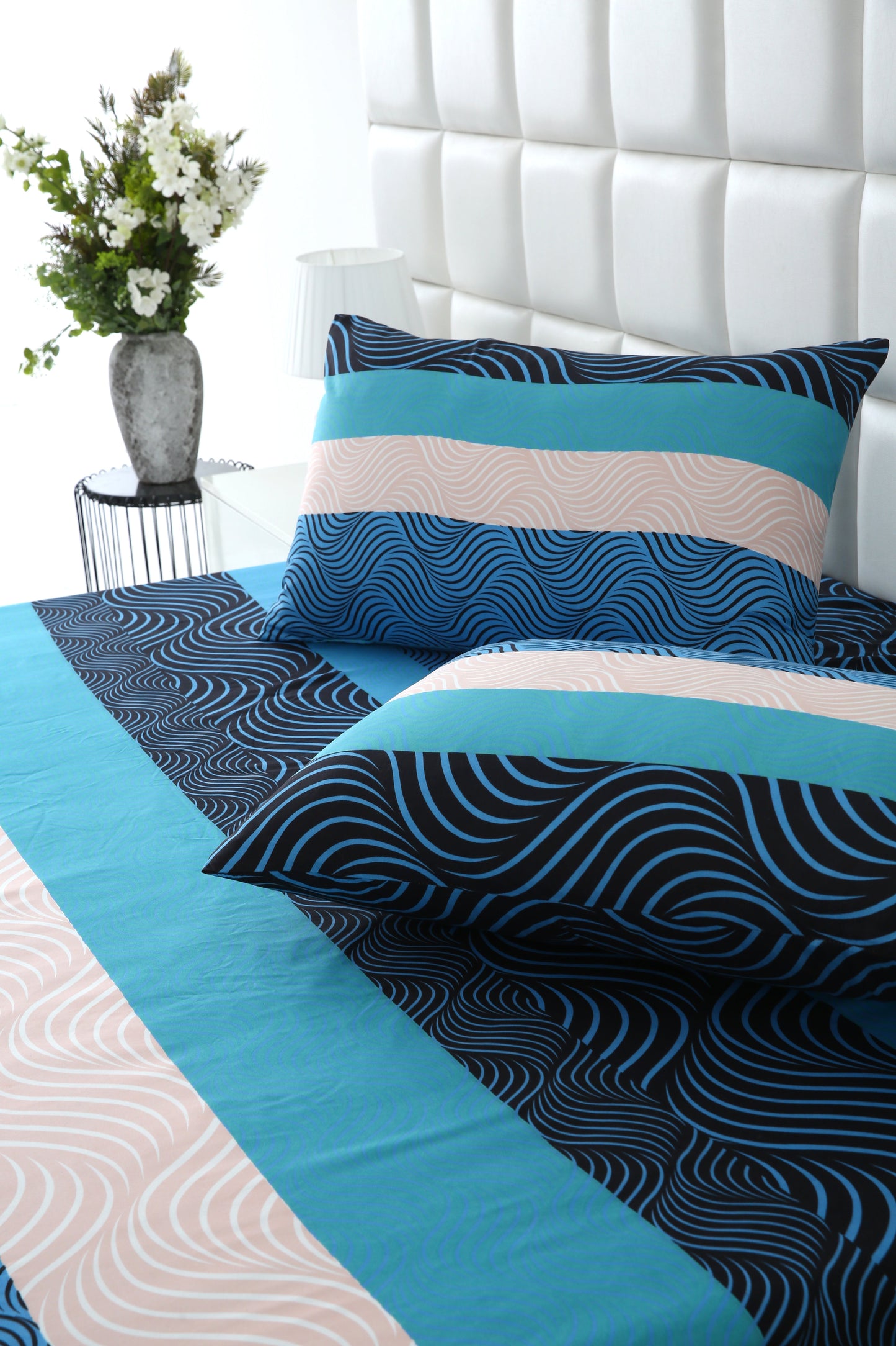 Zipper Mattress Cover Printed-Aqua Waves Protectors Apricot