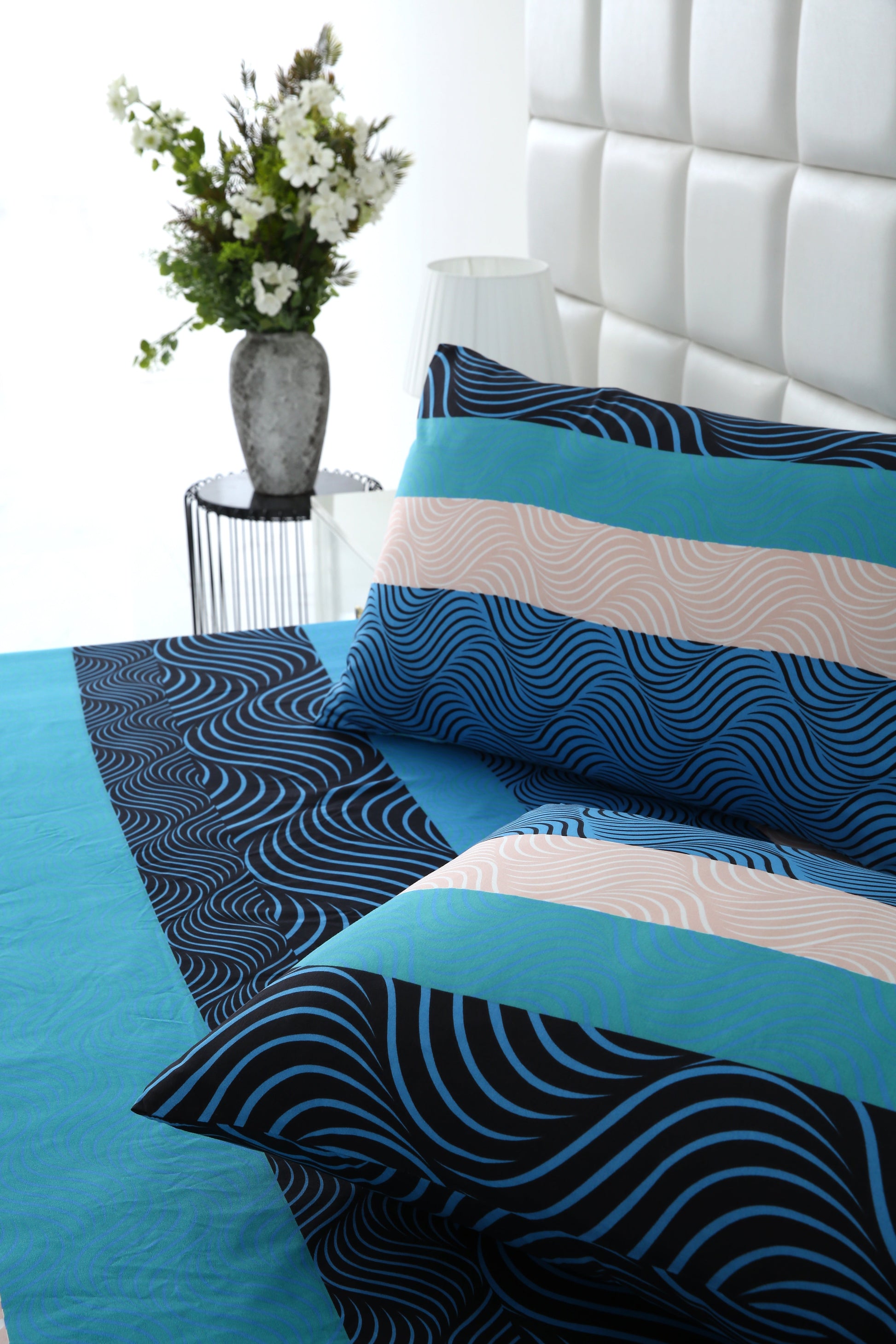 Zipper Mattress Cover Printed-Aqua Waves Protectors Apricot