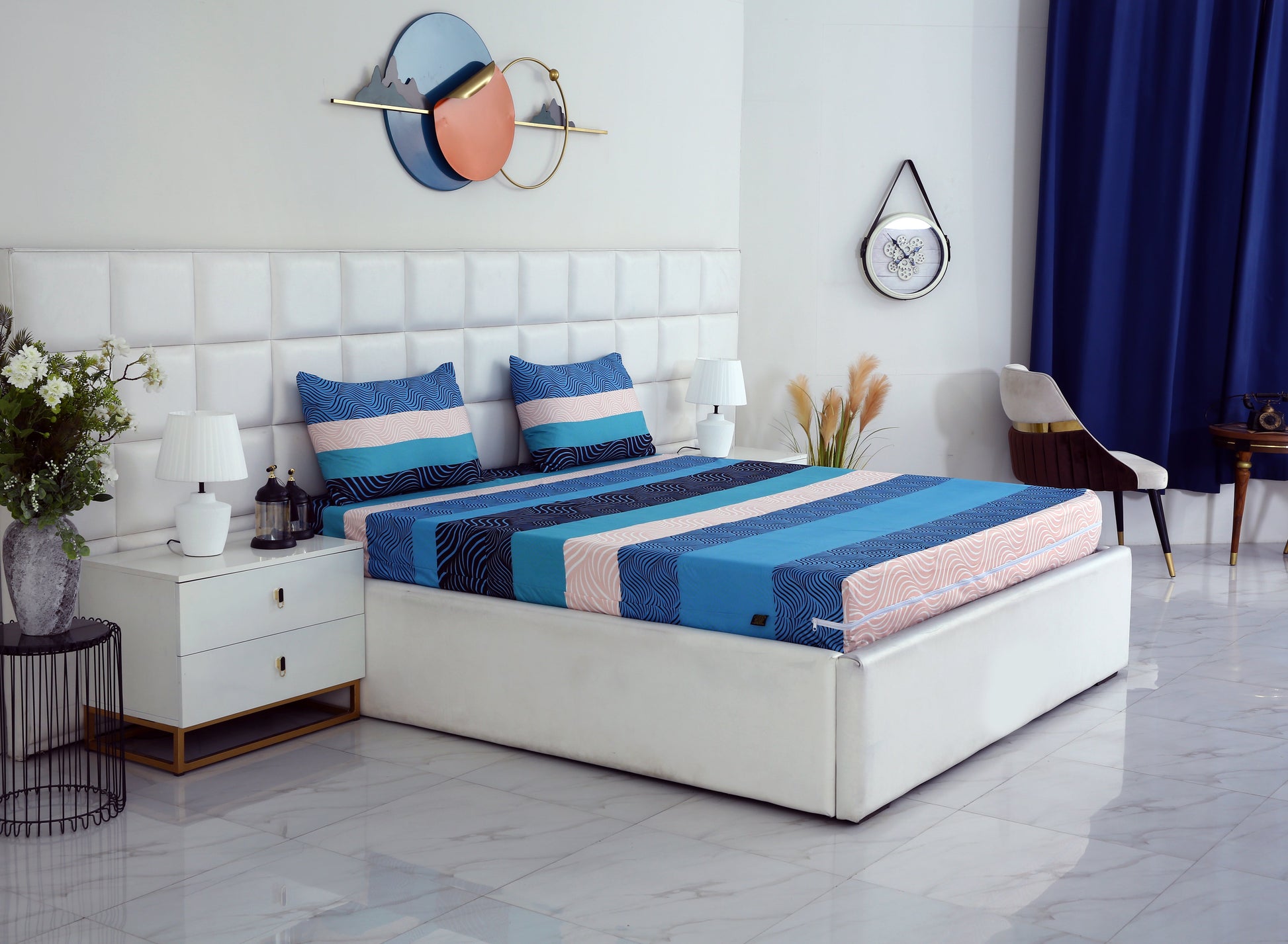 Zipper Mattress Cover Printed-Aqua Waves Protectors Apricot