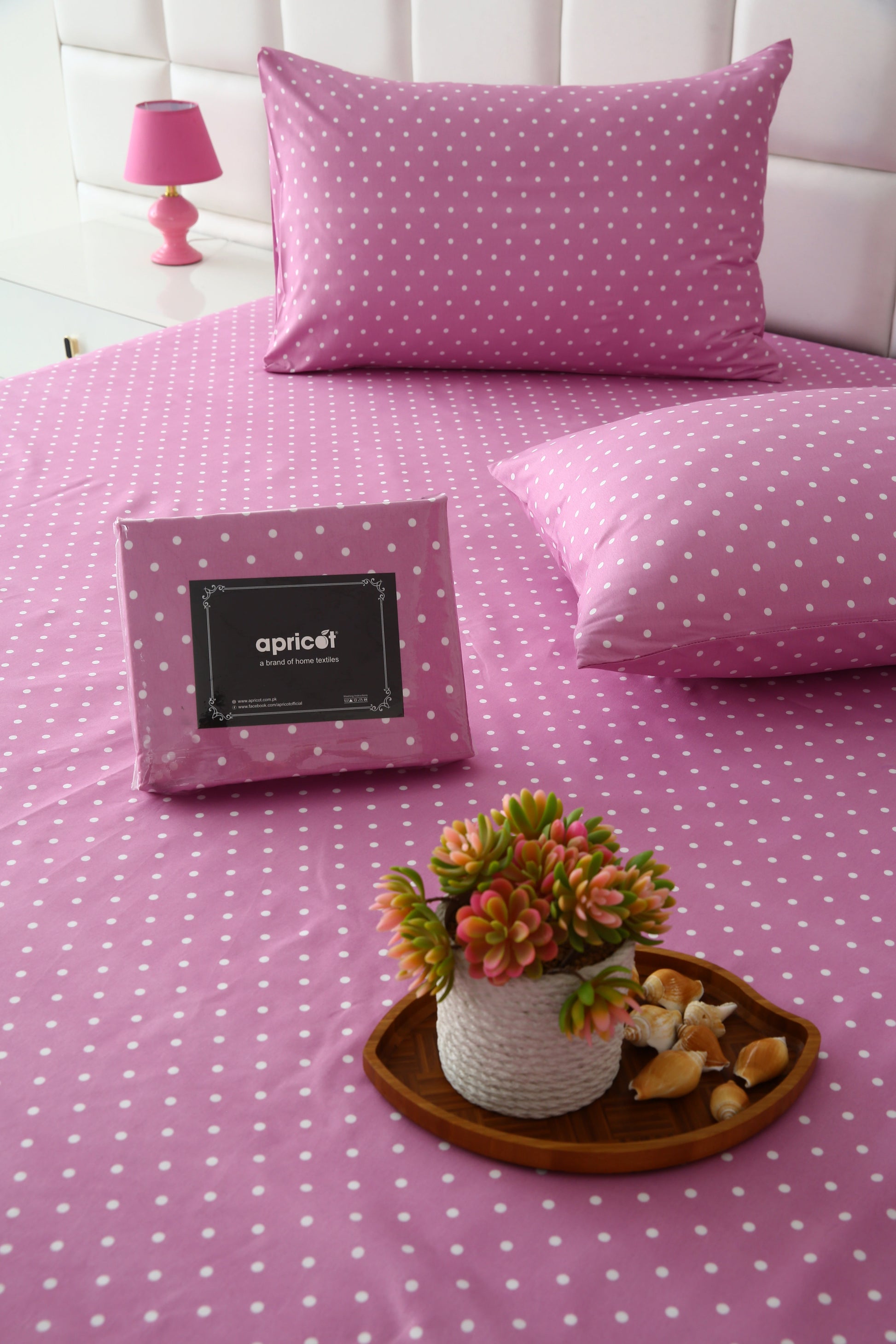 2Pcs Single Bed Sheet- Lilac Polka single bed sheet Apricot