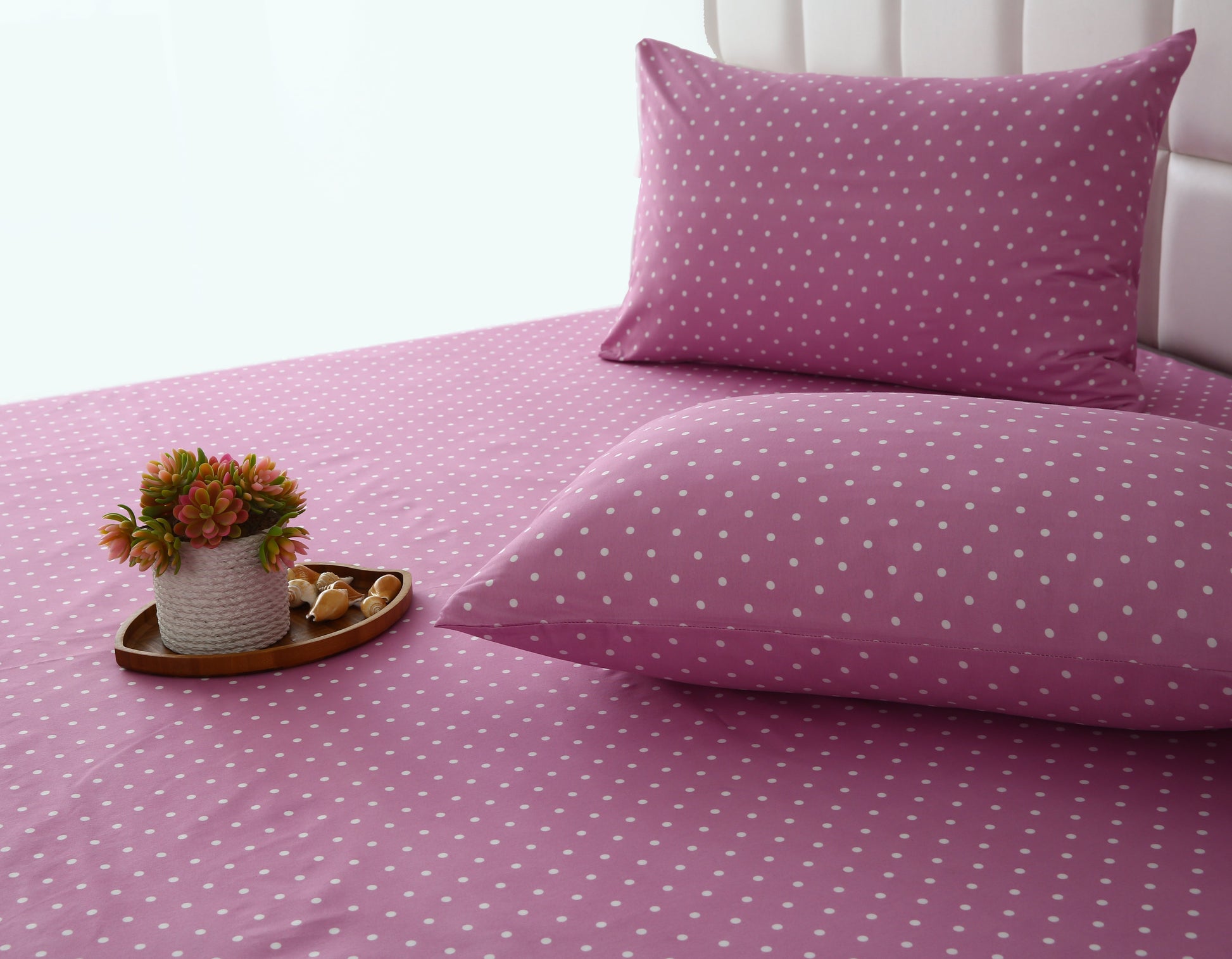 2Pcs Single Bed Sheet- Lilac Polka single bed sheet Apricot