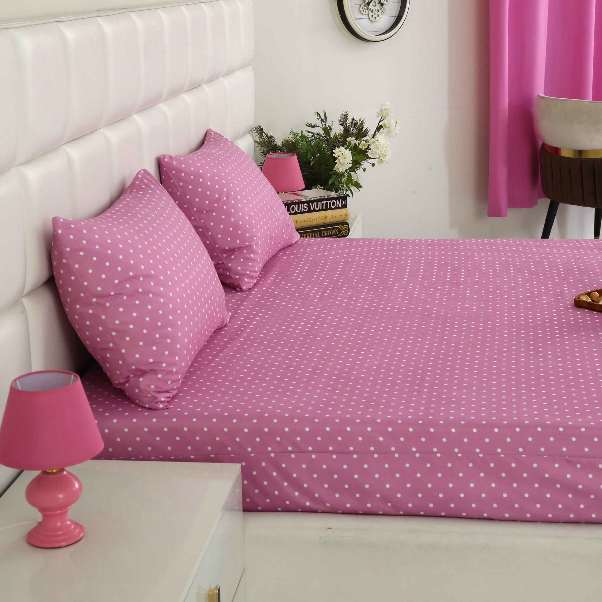 2Pcs Single Bed Sheet- Lilac Polka single bed sheet Apricot