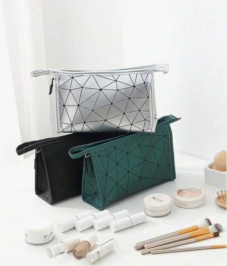 Geometric Diamond Grid PU Frosted Makeup Bag Cosmetic Pouches Apricot