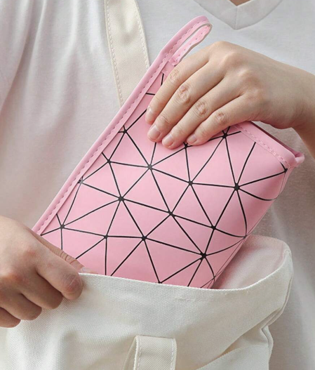 Geometric Diamond Grid PU Frosted Makeup Bag Cosmetic Pouches Apricot