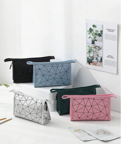 Geometric Diamond Grid PU Frosted Makeup Bag Cosmetic Pouches Apricot