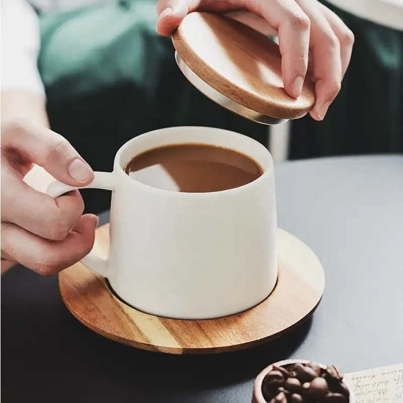 Vacuum Insulated Coffee Cup with Wooden Lid & Mat-White Coffee Cup Apricot