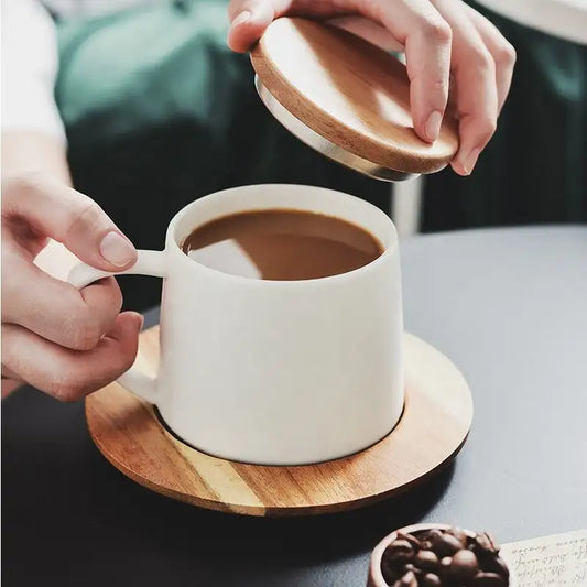 Vacuum Insulated Coffee Cup with Wooden Lid & Mat-White Coffee Cup Apricot
