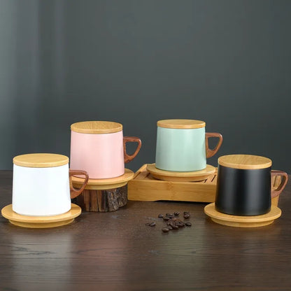 Vacuum Insulated Coffee Cup with Wooden Lid & Mat-White Coffee Cup Apricot