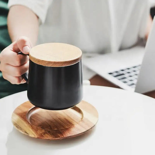 Vacuum Insulated Coffee Cup with Wooden Lid & Mat-Black Coffee Cup Apricot