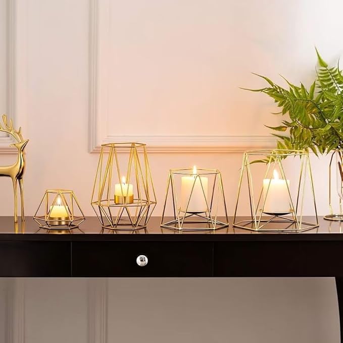 Hexagon Shaped Metal Candle Stand-(14306)Golden(SA2405-17) Candle Stand Apricot