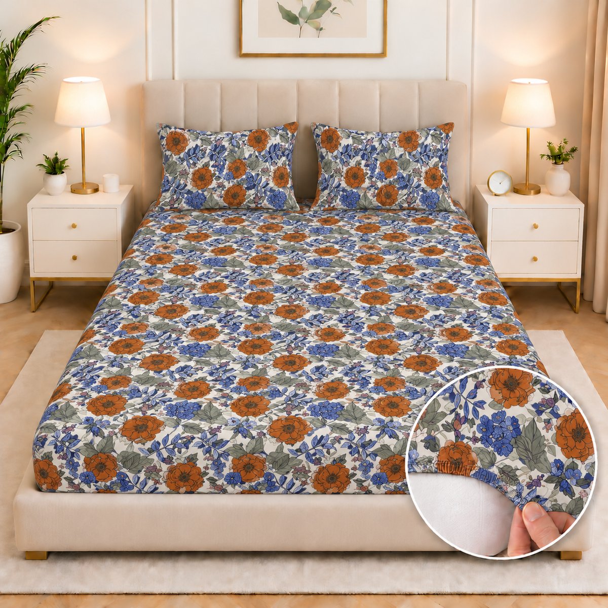 Percale Cotton Fitted Bed Sheet- Amber Azure Fitted Sheets Apricot