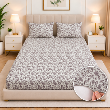 Cotton Fitted Bed Sheet- Floral Whisper Fitted Sheets Apricot