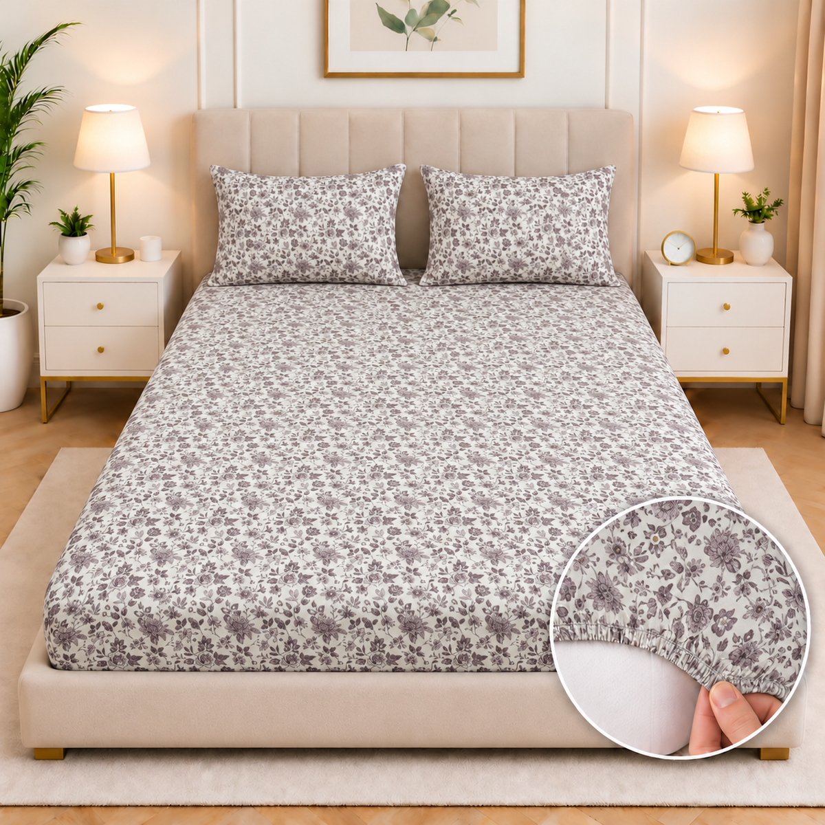 Cotton Fitted Bed Sheet- Floral Whisper Fitted Sheets Apricot