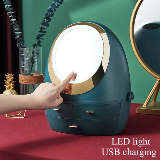 LED Mirror Curvy Cosmetics Storage Box Cosmetic Organizer Apricot   