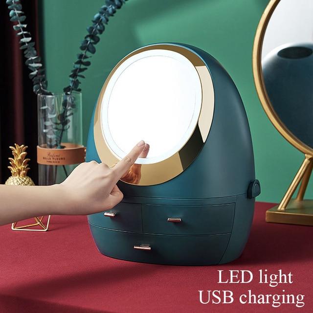 LED Mirror Curvy Cosmetics Storage Box Cosmetic Organizer Apricot   