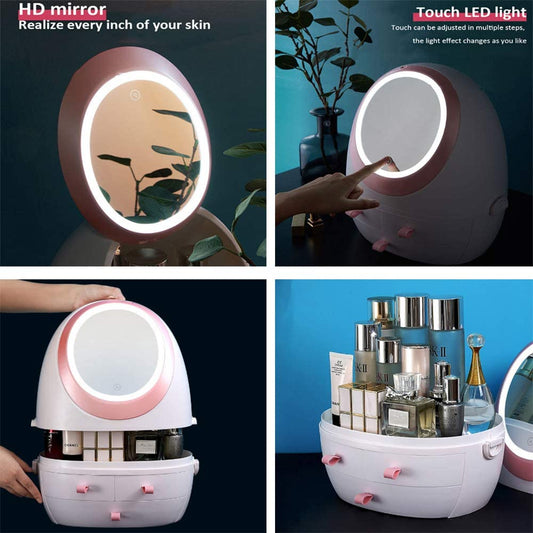 LED Mirror Curvy Cosmetics Storage Box Cosmetic Organizer Apricot   