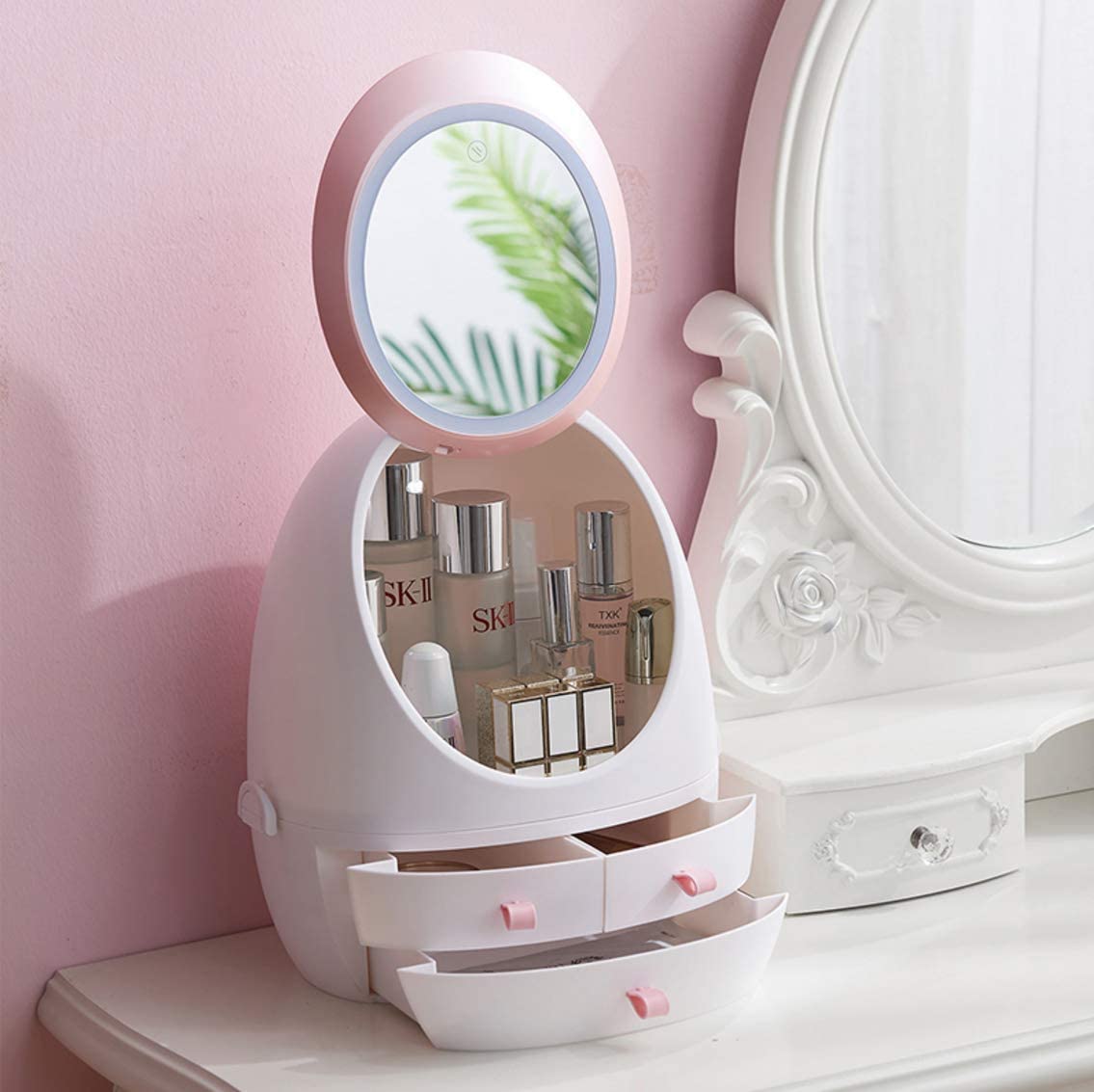 LED Mirror Curvy Cosmetics Storage Box Cosmetic Organizer Apricot White  