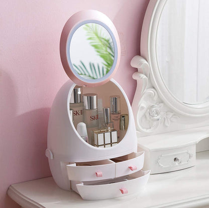 LED Mirror Curvy Cosmetics Storage Box Cosmetic Organizer Apricot White  