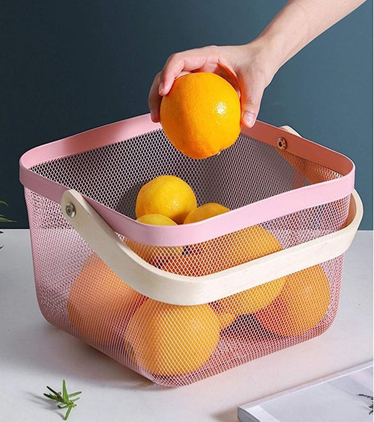 Mesh Steel Basket with Wooden double Handle Fruit Baskets Apricot
