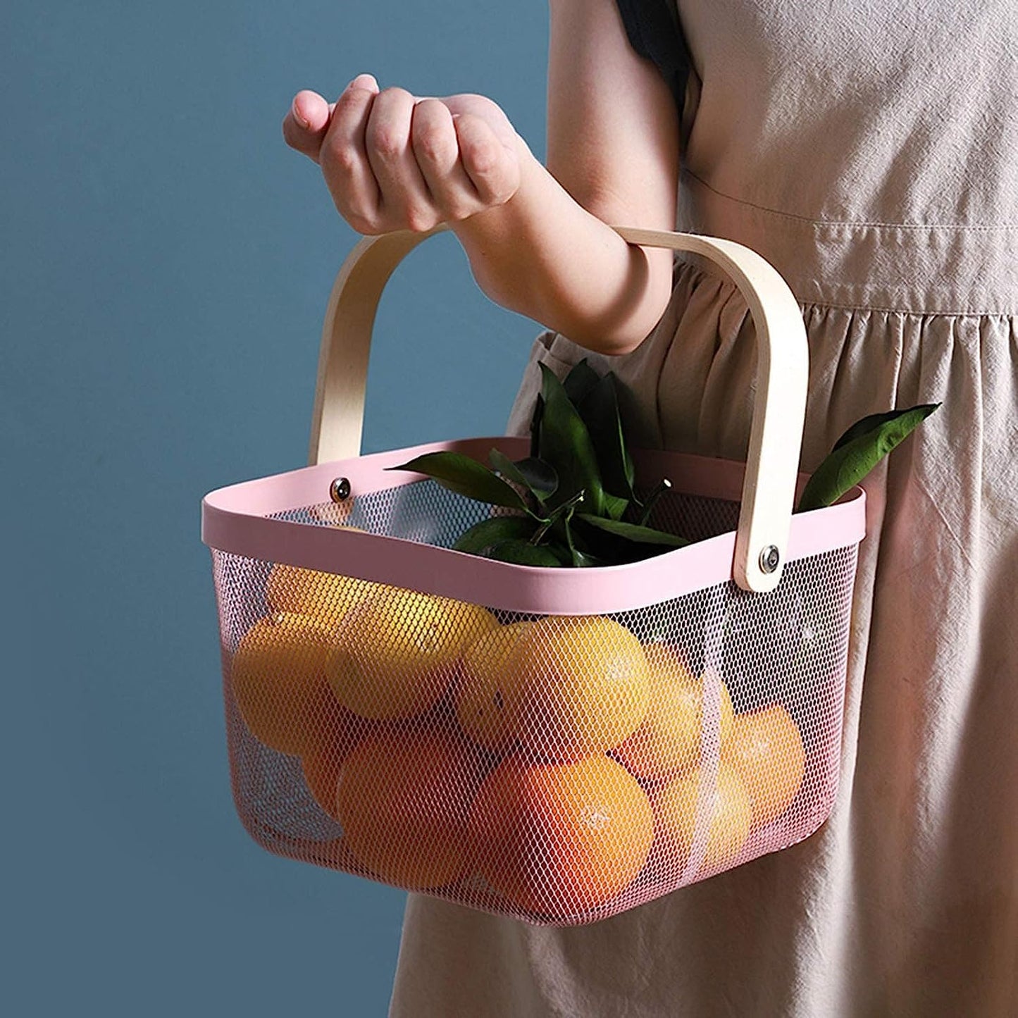 Mesh Steel Basket with Wooden double Handle Fruit Baskets Apricot