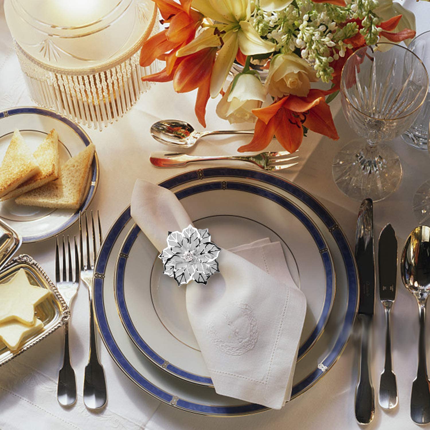 Napkin Holder Rings-Silver Flower Kitchen Apricot   