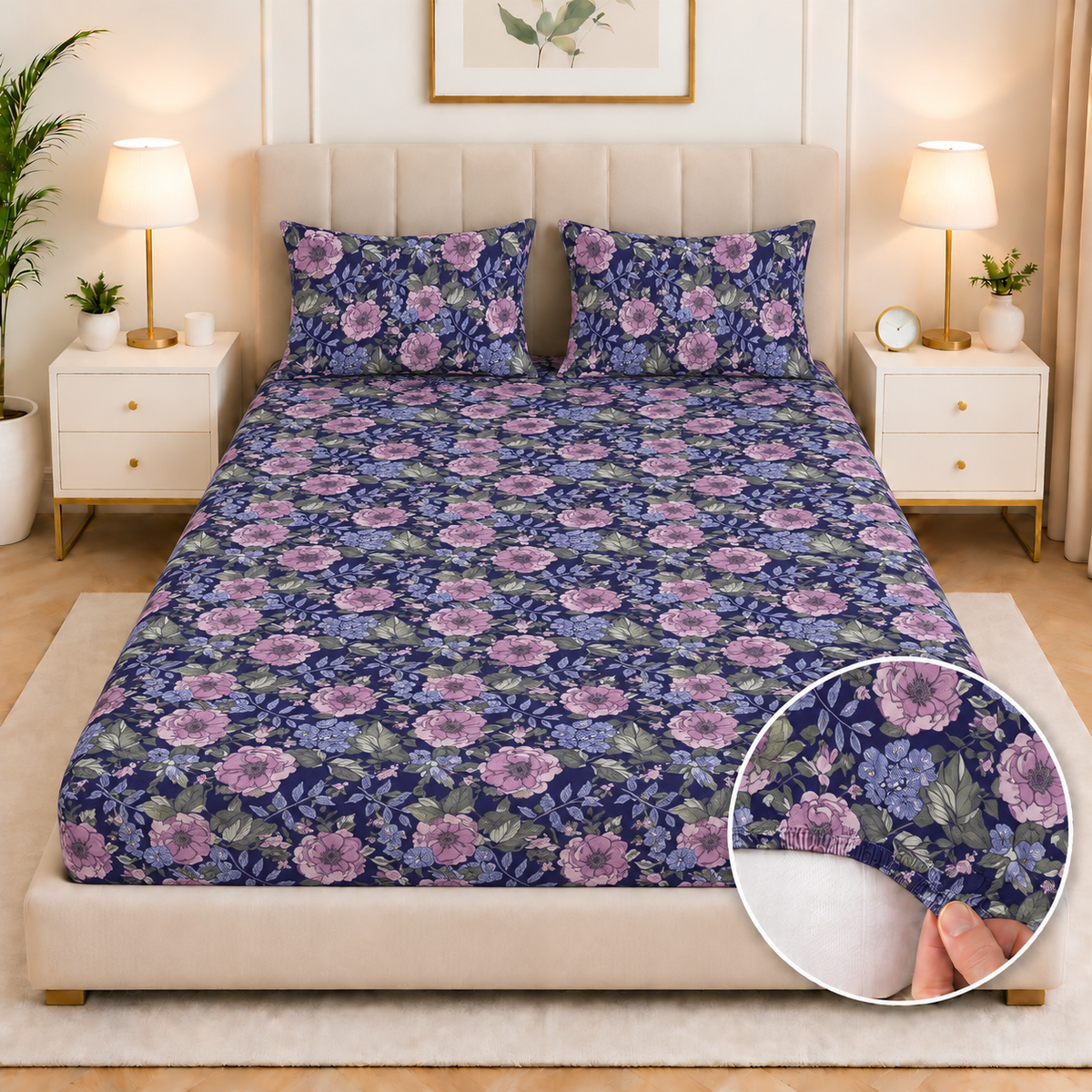 Percale Cotton Fitted Bed Sheet- Moonlit Blossom Fitted Sheets Apricot