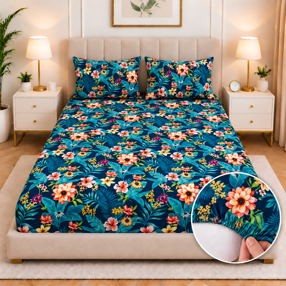 Cotton Fitted Bed Sheet- Tropical Tide Fitted Sheets Apricot