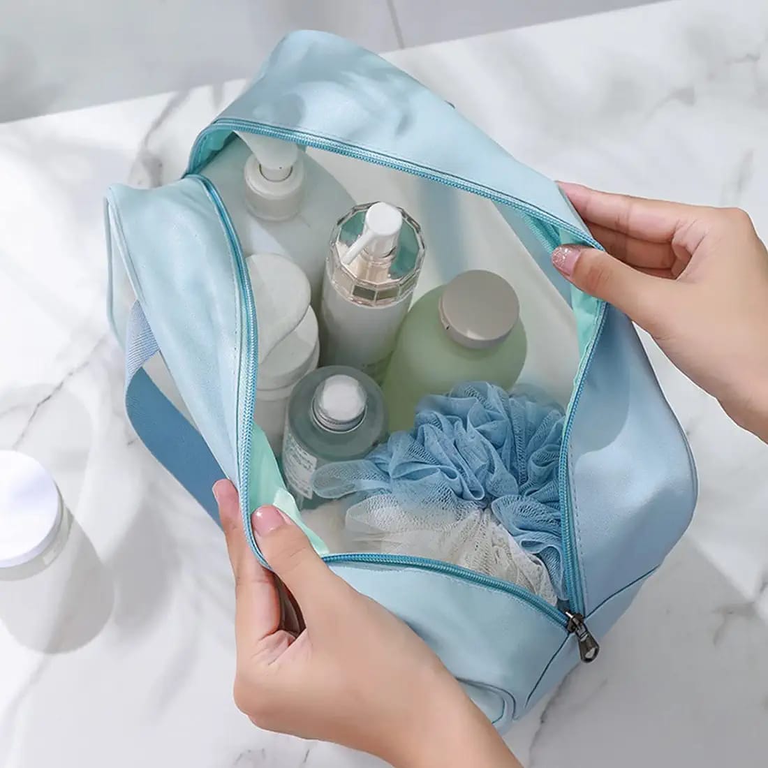 Portable Makeup Organizer Bag WASHBAG-Blue Large(SA2405-123) Cosmetic Pouches Apricot
