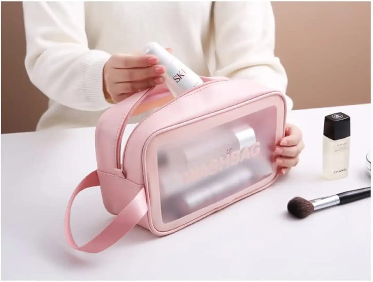 Portable Makeup Organizer Bag WASHBAG-(5738)Pink Small(SA2405-118) Cosmetic Pouches Apricot