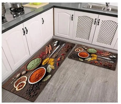 Premium Padded Anti slip Kitchen Mat Set-3D Spices Rugs Apricot   