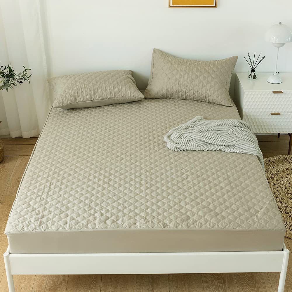 Quilted Waterproof Mattress Protector-beige Protectors Apricot   