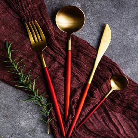 Red/Golden(4406)-24 PCs Premium Steel Cutlery Set  Apricot   
