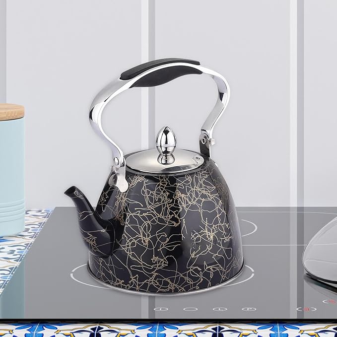 Stainless Steel One Touch Button Whistle Teapot with Anti Scalding Handle-Black Texture  Apricot   