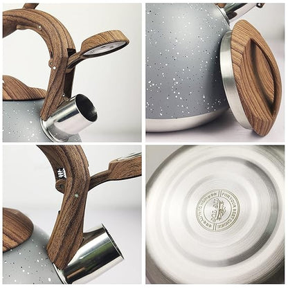Stainless Steel One Touch Button Whistle Teapot with Anti Scalding Handle- Grey Texture Apricot