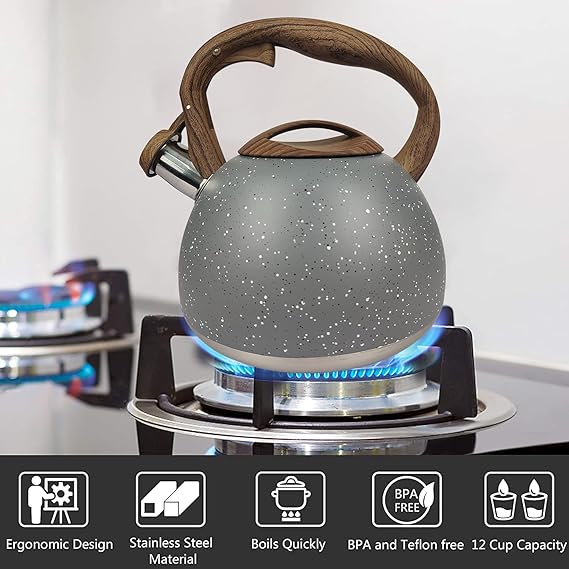 Stainless Steel One Touch Button Whistle Teapot with Anti Scalding Handle- Grey Texture Apricot