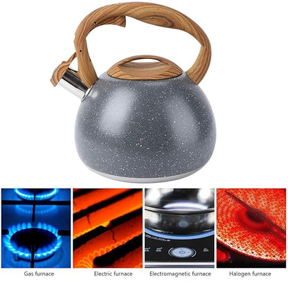Stainless Steel One Touch Button Whistle Teapot with Anti Scalding Handle- Grey Texture Apricot