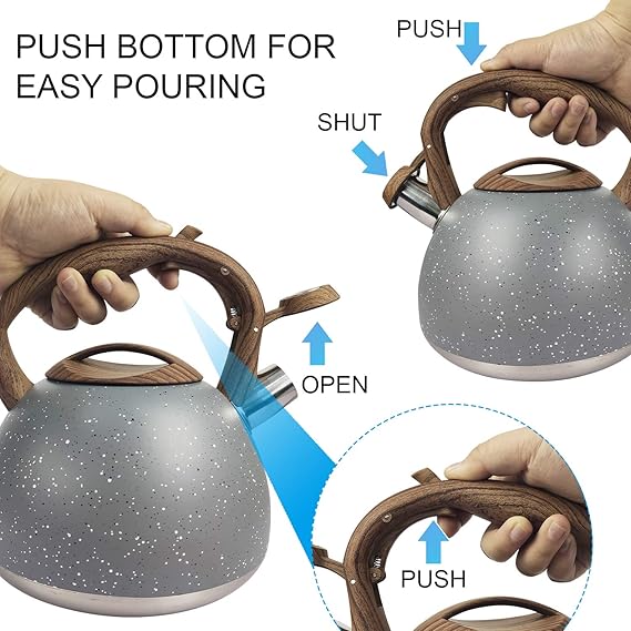 Stainless Steel One Touch Button Whistle Teapot with Anti Scalding Handle- Grey Texture Apricot