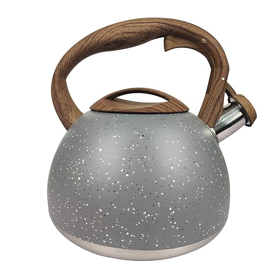 Stainless Steel One Touch Button Whistle Teapot with Anti Scalding Handle- Grey Texture Apricot