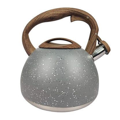 Stainless Steel One Touch Button Whistle Teapot with Anti Scalding Handle- Grey Texture Apricot