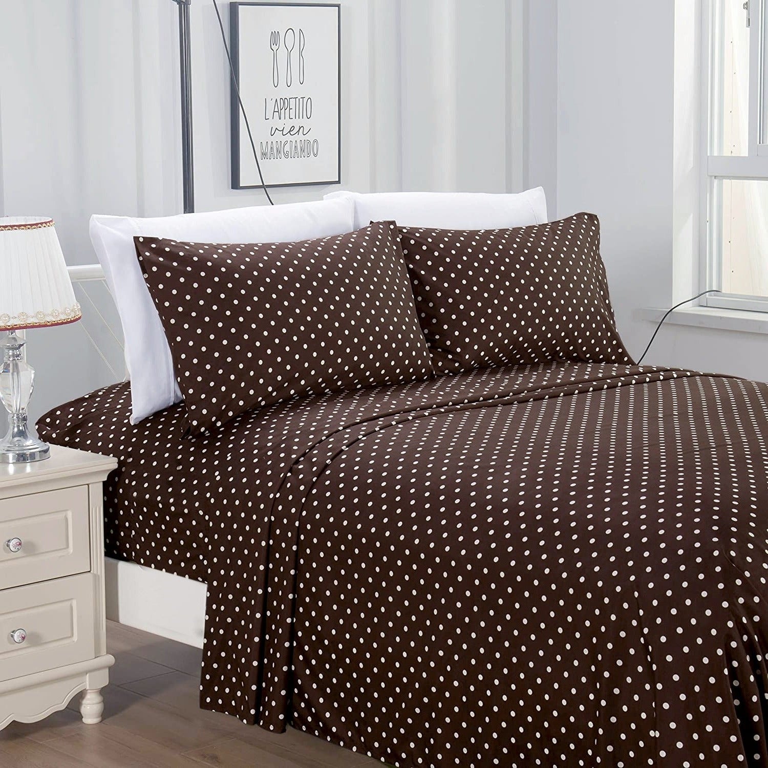 2Pcs Single Bed Sheet-Brown Polka single bed sheet Apricot