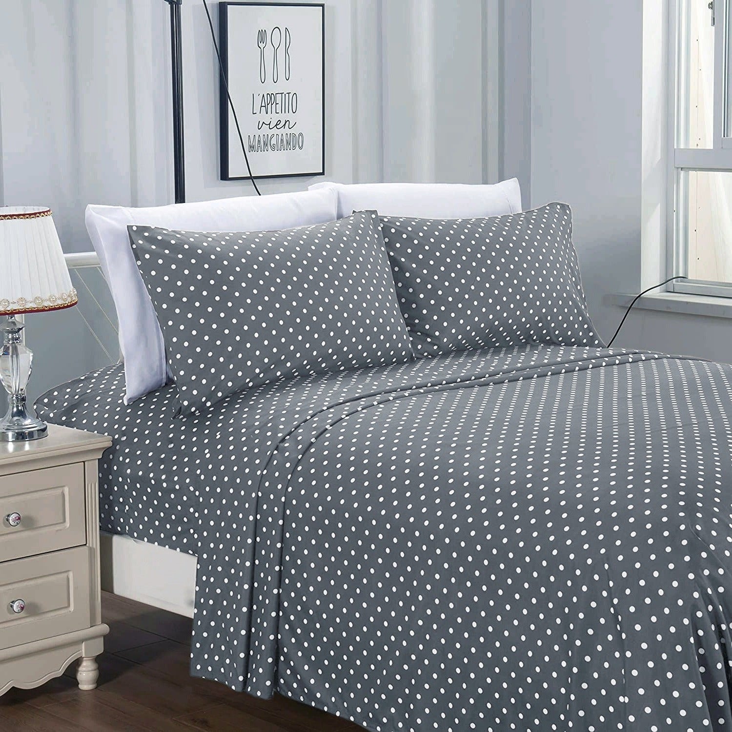 3 PCs Double Bed Sheet-Grey Polka Bed Sheets Apricot