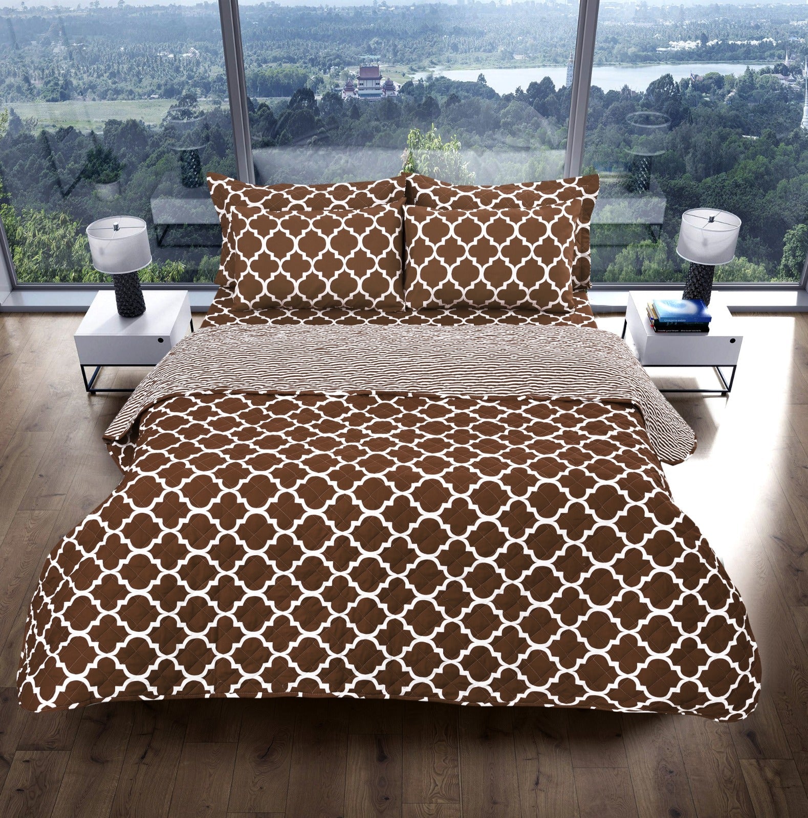 6 PCs Printed Bed Spread Set-Brown Geometric Bed Spread Apricot