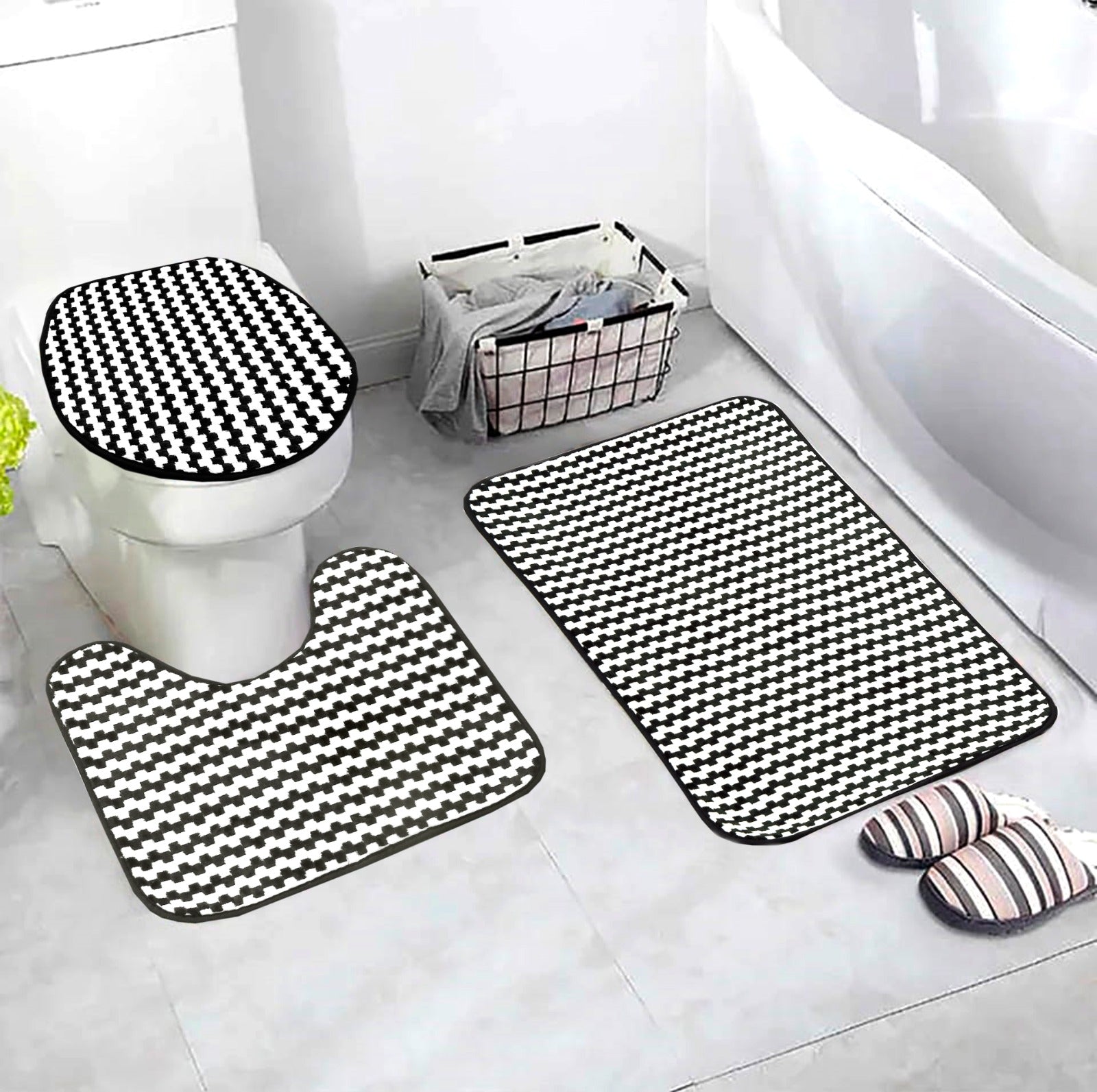3 PCs Anti Skid Commode Mat Set-Black Lines Bath Mats Apricot